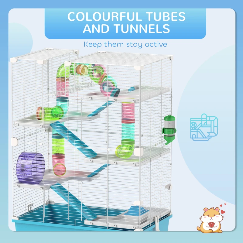 PawHut 6 Tier Hamster Cage, Small Animal Cage with Tubes, Exercise Wheel, Ramps, Hut, Food Dish, Water Bottle, Light Blue