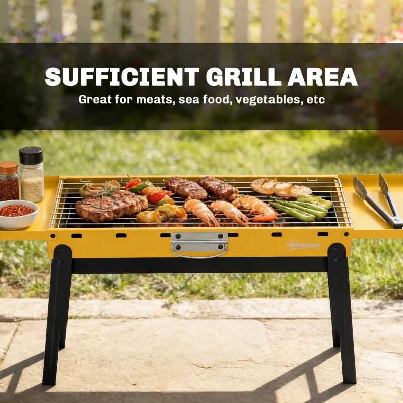 Outsunny Portable BBQ Grill, Foldable Charcoal Grill for Camping and Picnics with 2 Side Shelves and Handle, Yellow