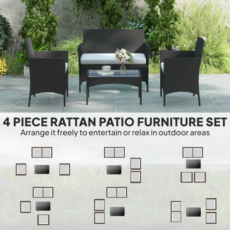 Outsunny 4 Piece Rattan Garden Furniture Sofa Set with Loveseat, Armchairs, Glass-Top Coffee Table and Cushions, Black