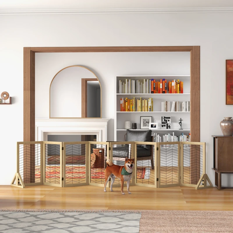 PawHut Barrera para perros, protector de escaleras, valla, plegable, madera de pino, 375 cm x 44 cm x 70 cm, madera natural