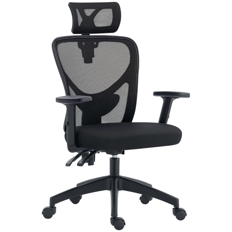 Vinsetto Silla de Oficina Ergonómica con Altura Regulable, Soporte Lumbar y Reposacabezas, 66x61x106-116cm Negro