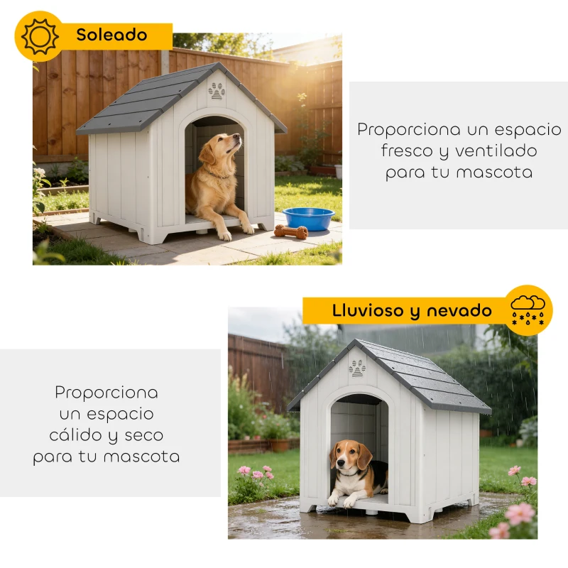 PawHut Caseta para Perros Exterior Casa para Perros Grandes de Plástico con 2 Ventanas Base Elevada Estacas Gris