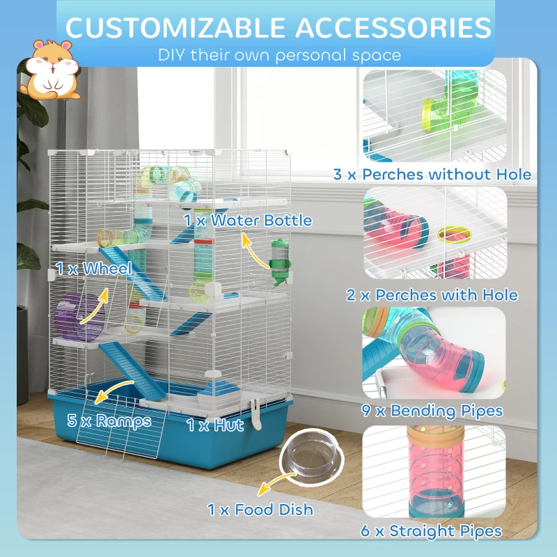 PawHut 6 Tier Hamster Cage, Small Animal Cage with Tubes, Exercise Wheel, Ramps, Hut, Food Dish, Water Bottle, Light Blue