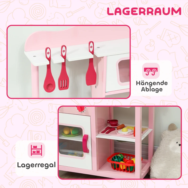 AIYAPLAY Kinderküche zum Spielen, Zubehör aus Holz, Küchengeräte, kompakt, Geräusche, Rosa