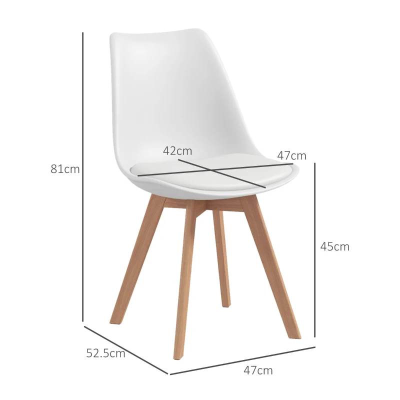 HOMCOM Set de 4 Sillas de Comedor estilo Nórdico en Plástico con Patas de Madera y Cojín en Piel Sintética, Blanco