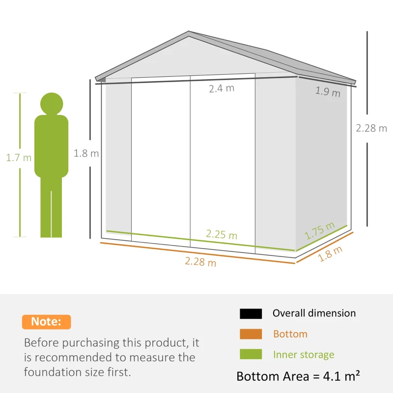 Outsunny 7.9ft x 6.2ft Aluminium Frame and Plastic Wall Shed, with Foundation - Light Grey