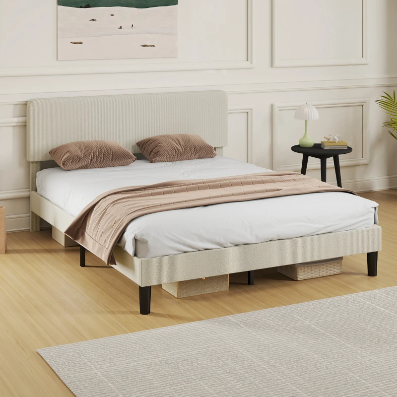 HOMCOM Somier 160x200 cm con Cabecero Ajustable Tapizado en Pana Láminas de Madera Fácil de Montar Gris Claro