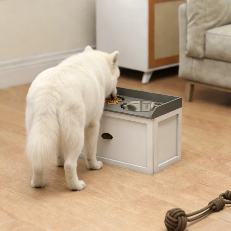 PawHut Gamelle double chien chat - porte-gamelles surélevé rangement 2 en 1 - tiroir, 2 gamelles - acier inox. MDF blanc gris