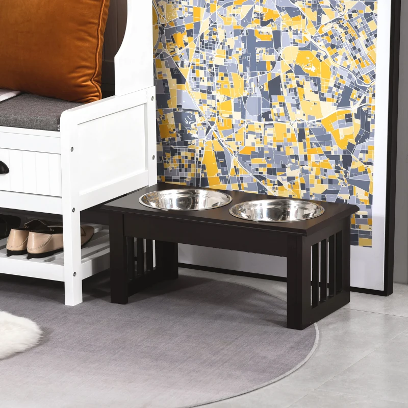 PawHut Gamelles chiens surélevées gamelle double chien chat Porte-gamelles surélevé dim. 44L x 24l x 15H cm 2 gamelles 0,9L acier inox. incluses bois  chocolat