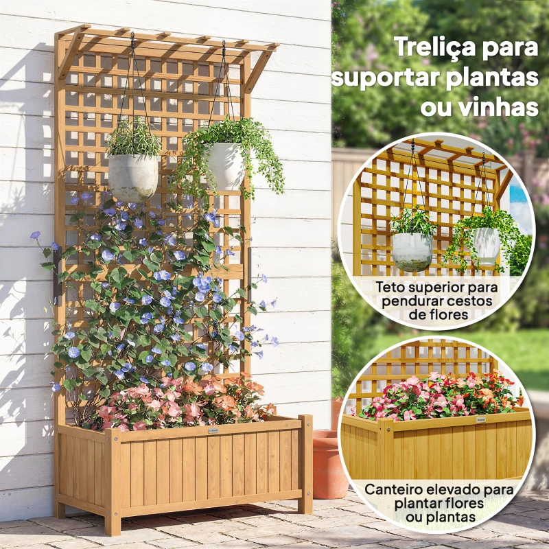 Outsunny Floreira com Treliça de Madeira Caixa de Plantio com Suporte para Plantas Trepadeiras 90x45x183cm Madeira