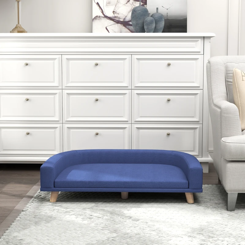 PawHut Canapé pour chien grand lit surélevé pour chien coussin lavable cadre en bois tissu polyester 98 x 67 x 25 cm bleu