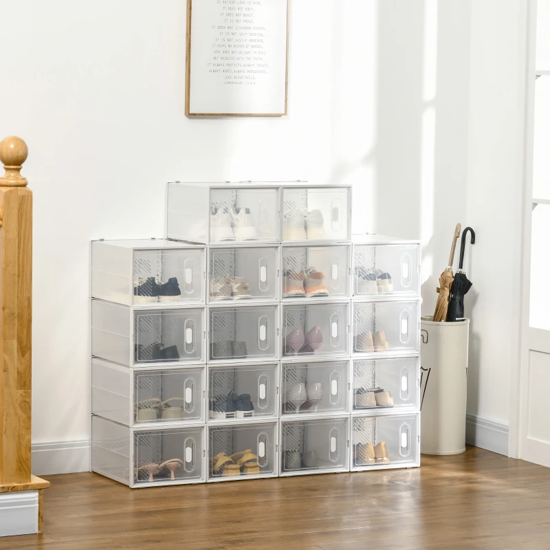 HOMCOM Meuble de rangement modulable, 18 cubes, meuble à chaussures empilables, vêtements, livres, jouets, blanc et transparent