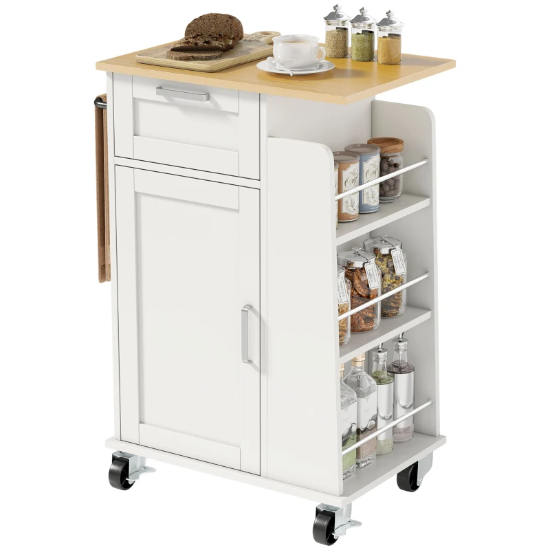 HOMCOM Carrito de cocina con cajón, mueble, toallero y 3 portaespecias, en madera, 62x40x87 cm, Blanco