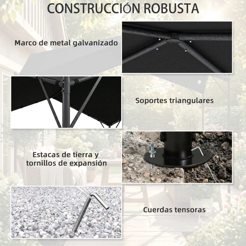 Outsunny Pérgola de Jardín 3x3 m con Dosel UPF30+ Estructura de Metal Galvanizado Techo Inclinado Pabellón para Exterior Gris