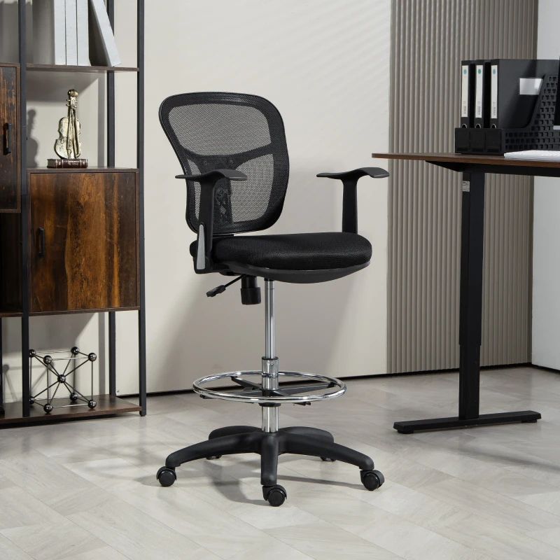 HOMCOM Silla giratoria con anillo reposapiés y respaldo curvo, en poliéster, espuma y plástico, 55x58x94 cm, Negro