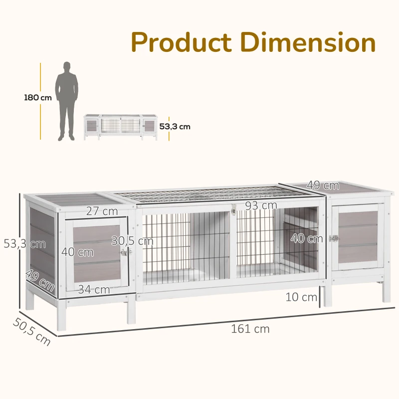 PawHut Rabbit Hutch and Run, with Removable Tray - Grey
