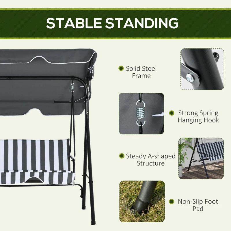 Outsunny Three-Seater Garden Swing Chair, with Adjustable Canopy - Grey Stripe