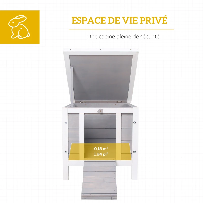 PawHut Clapier à lapin cage à lapin avec rampes/porte, toit ouvrant et étanche - en bois de sapin 51 x 42 x 43 cm gris et blanc