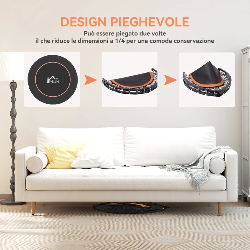HOMCOM Mini Trampolino Fitness Ø114 cm Pieghevole con Manubrio Regolabile in Altezza, Arancione e Nero