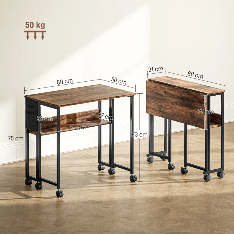HOMCOM Klappbarer Schreibtisch auf Rollen 80 x 50 cm mit Regal und Aufbewahrungstasche, rustikales Braun