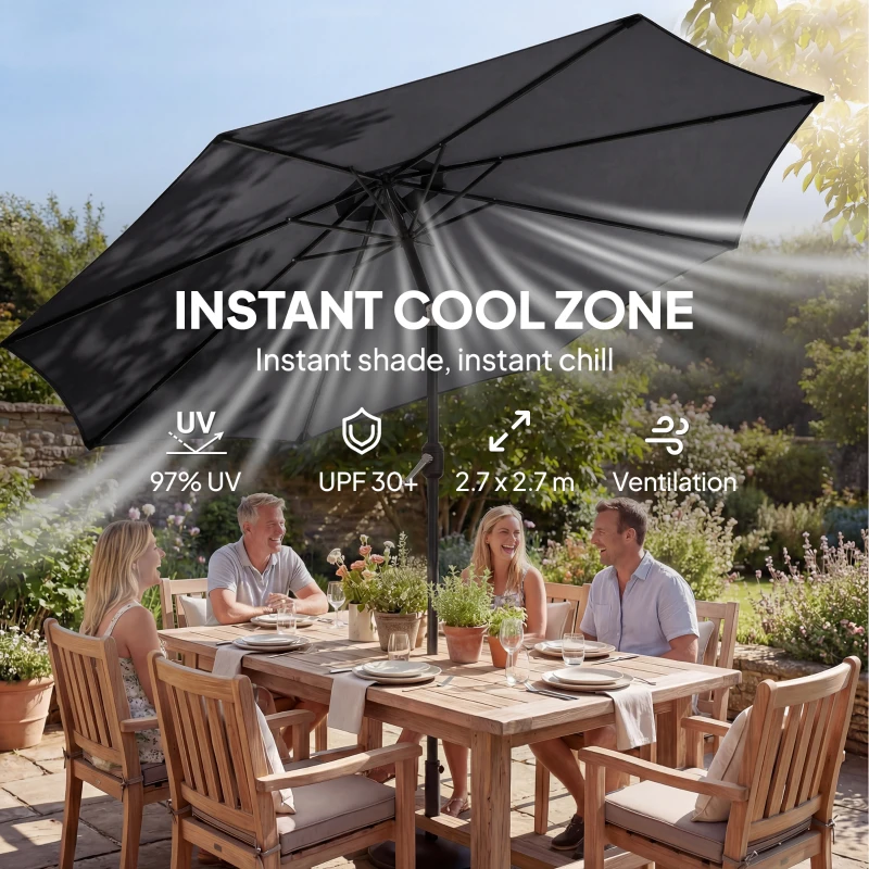 Outsunny 2.7 m Garden Parasol Umbrella with Cross Base and Sandbag, Retractable Ribs, Outdoor Table Market Umbrella, Black