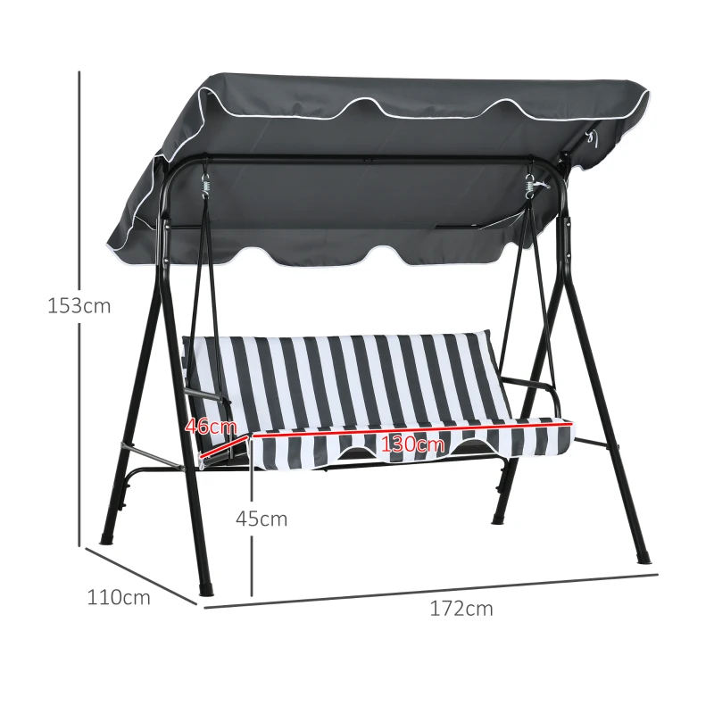 Outsunny Three-Seater Garden Swing Chair, with Adjustable Canopy - Grey Stripe