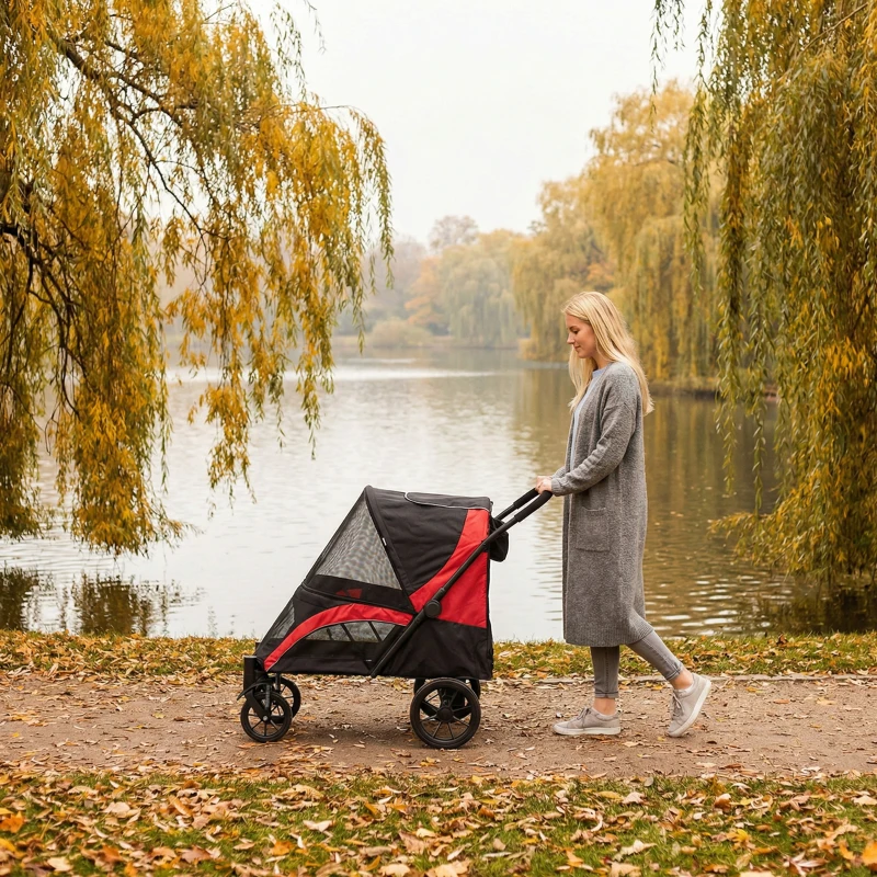 PawHut Foldable Pet Stroller for Large Dogs with Four Big Wheels, Shock-Absorbing Frame, Safety Leashes, Brakes, Red/Black