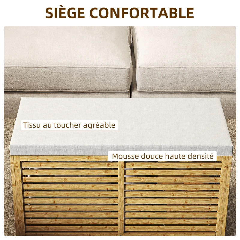 HOMCOM Banc de rangement, coffre de rangement rembourré en tissu aspect lin, couvercle et structure en bambou, gris et naturel