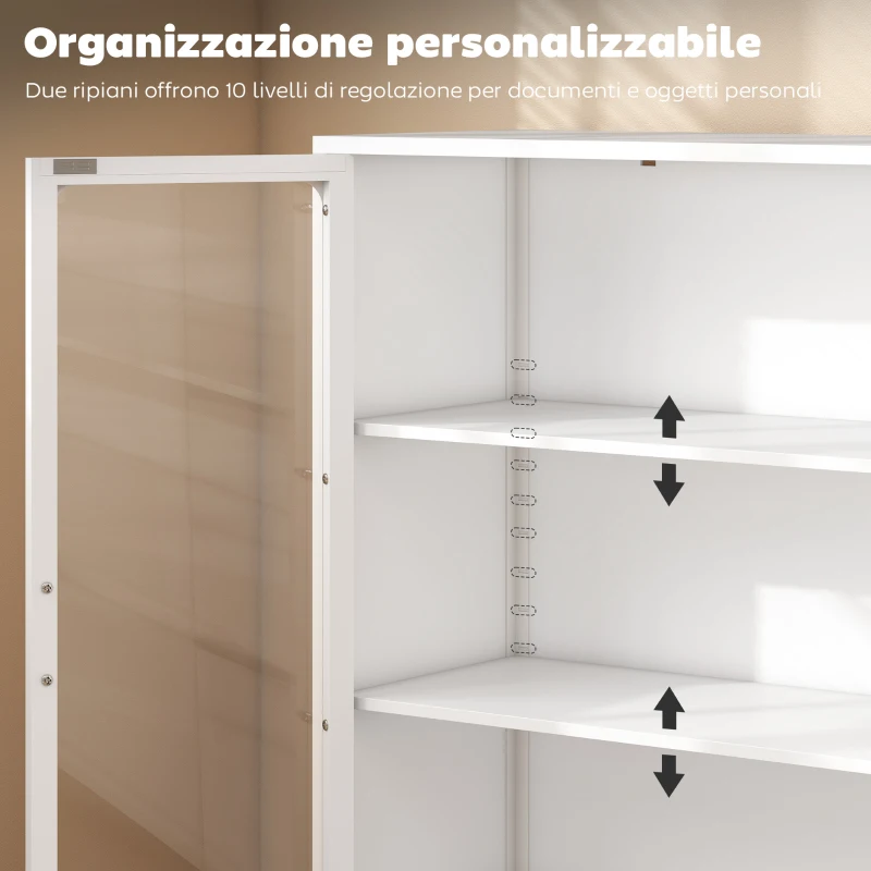 HOMCOM Mobile Portadocumenti in Acciaio con 2 Ante in Vetro e Ripiani Regolabili, 80x40x110 cm, Bianco