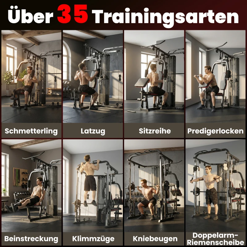 SPORTNOW Krachtstation fitnessstation met 65 kg gewichten, lat-trek, butterflystang, verstelbare preacherbank, beentrainer