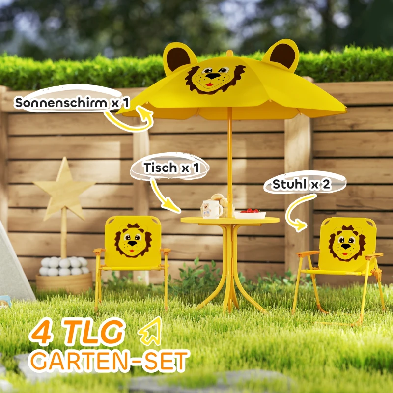 AIYAPLAY Gartenmöbel-Set für Kinder, Stühle, Tisch, Sonnenschirm, Löwen-Design, Gelb