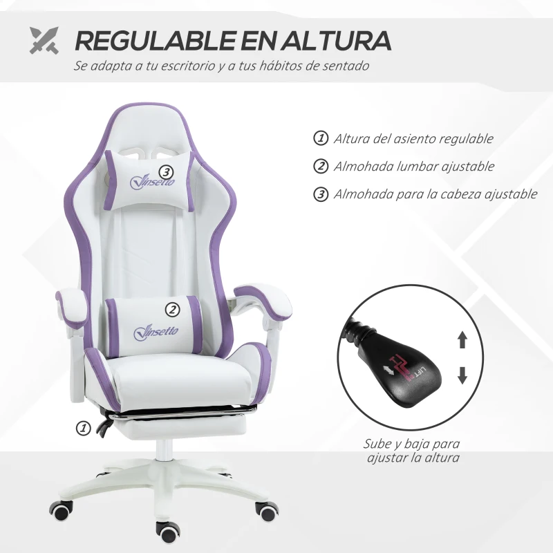 Vinsetto Silla Gaming Silla Gamer de Cuero PU Altura Ajustable Reclinable 135° Reposacabezas y Reposapiés 65x65x121-129 cm Blanco