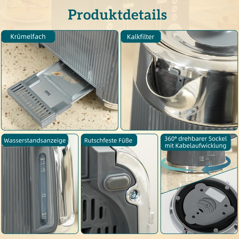 HOMCOM 2200W, 1,7L Wasserkocher mit Schnellkochfunktion, Kalkfilter und 4-Scheiben-Toaster mit 7 Bräunungsstufen, Grau