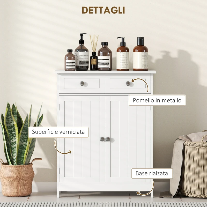 kleankin Mobile Bagno a 2 Ante con Ripiano Regolabile e 2 Cassetti in Legno, 60x30x75 cm, Bianco