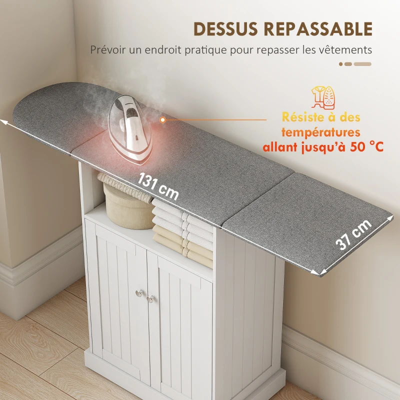 HOMCOM Armoire à repasser sur roulettes, table à repasser avec plateau repassable et pliable, 131 x 37 x 89,5 cm, blanc