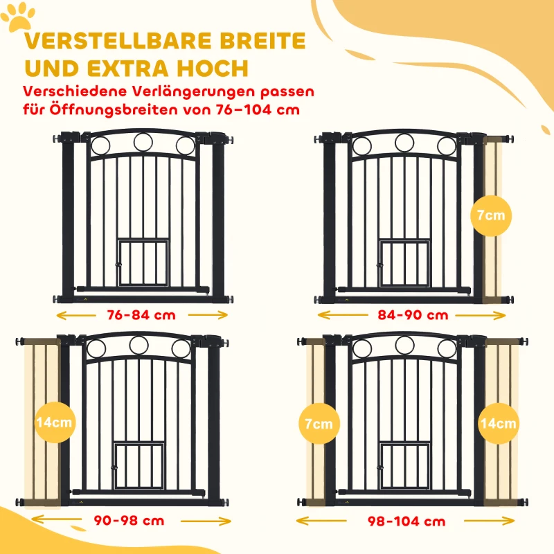 PawHut Haustiertor, 77 cm Treppengatter, verstellbare Breite 76-104 cm, mit Katzentür, für Treppen und Türöffnungen, Schwarz