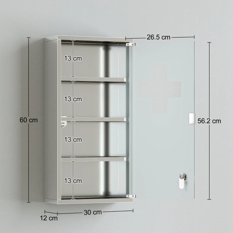 HOMCOM Medicijnkastje medicijnkastje EHBO met slot RVS 30 x 12 x 60 cm