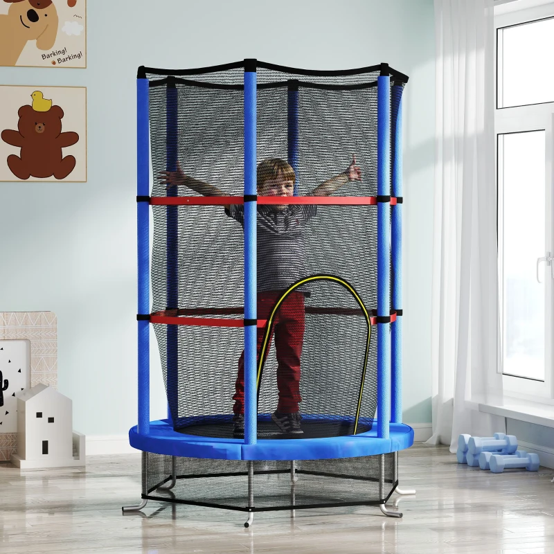 HOMCOM Trampolín elástico para niños 3-6 años con red de protección, 6 columnas y 3 entradas, Ø140x190 cm, azul y negro
