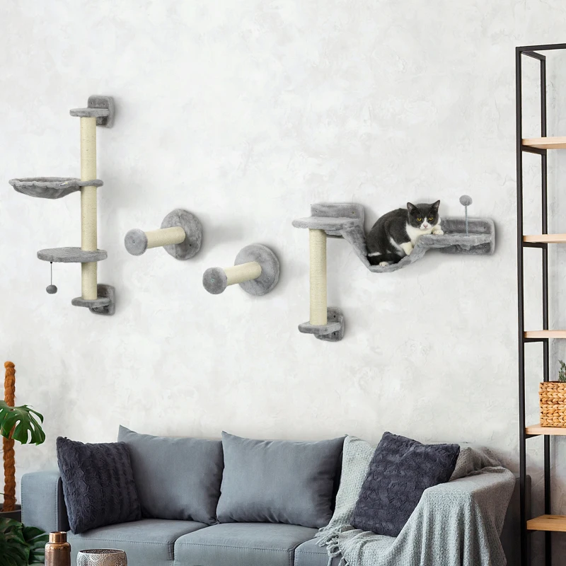 PawHut Arbre à chat parcours mural complet 4 pièces hamac, pompon, plateformes de saut, poteau en sisal et échelle peluche gris