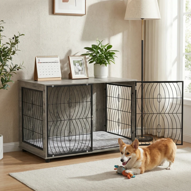 PawHut 46.46'' Dog Crate Furniture End Table w/ Plush Washable Cushion, Lockable Door, for Extra Large Dogs