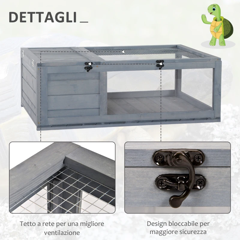 PawHut Casetta per Tartarughe con 2 Spazi, Gabbie per Piccoli Animali, in Legno Massello, 91 x 60,5 x 32 cm, Grigio