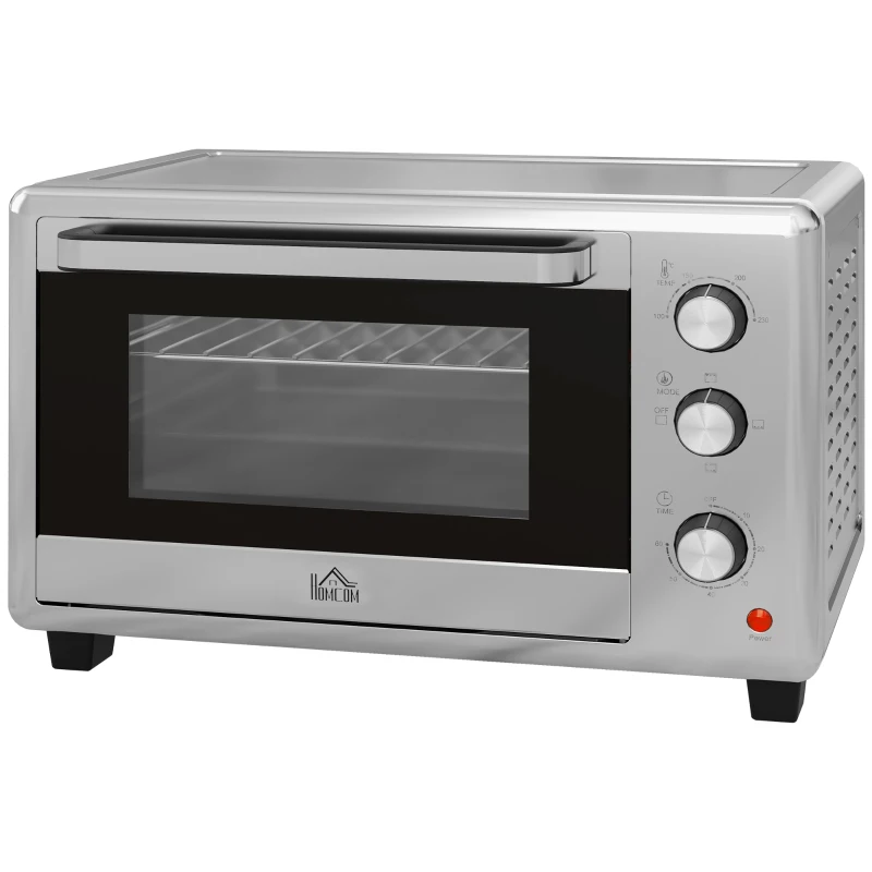 HOMCOM Horno Eléctrico de 30L con 3 Funciones de Cocción, Temperatura Regulable y Temporizador, 1600W, Plateado
