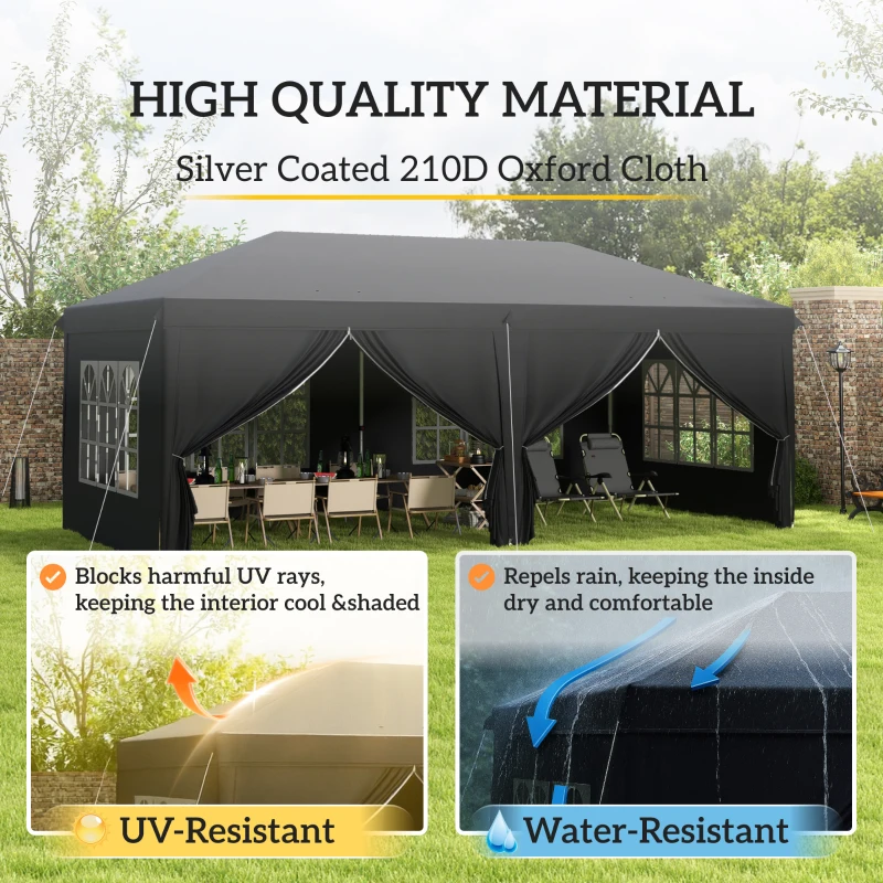 Outsunny 3 x 6 m Pop Up Gazebo with Sides and Windows, Height Adjustable Wedding Camping Party Tent Canopy Marquee with Storage Bag for Garden, Event, Black