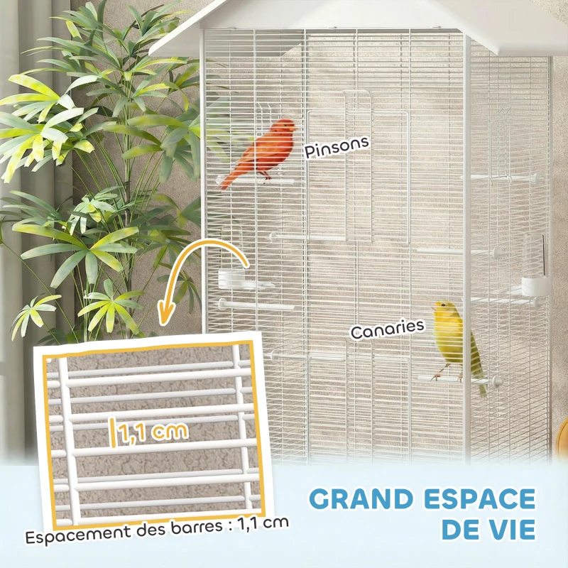 PawHut Cage oiseau sur pied volière oiseaux intérieure sur roulettes 2 mangeoires 8 perchoirs 79 x 65 x 155 cm fil d'acier blanc