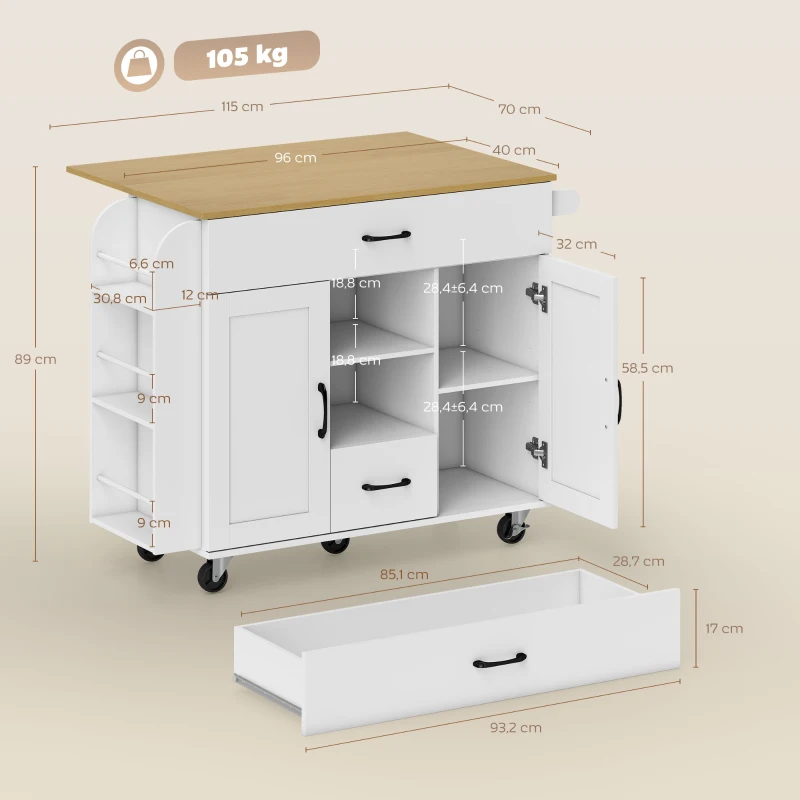 HOMCOM Isla de cocina con ruedas, encimera abatible, puertas de armario con cierre suave, cajones, toallero, MDF, Blanco