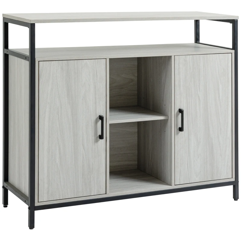 HOMCOM Aparador moderno de madera con 2 armarios y estantes, mueble de cocina y para recibidor Gris claro, 100x34x87.2cm