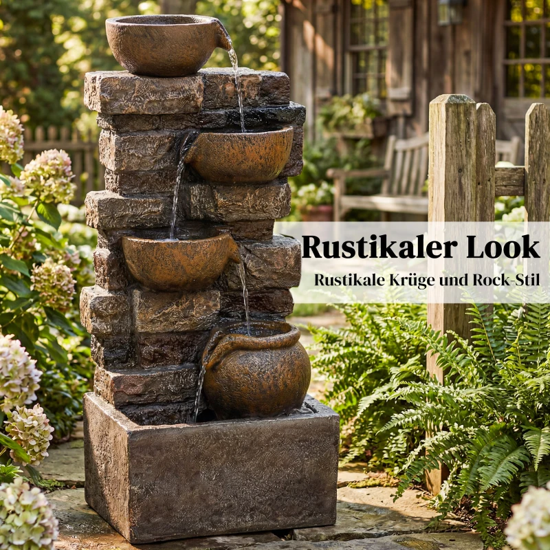 Outsunny Springbrunnen 5-stufig Gartenbrunnen mit LED Beleuchtung Steinoptik Pumpe, Verstellbar 31 x 25,5 x 72 cm