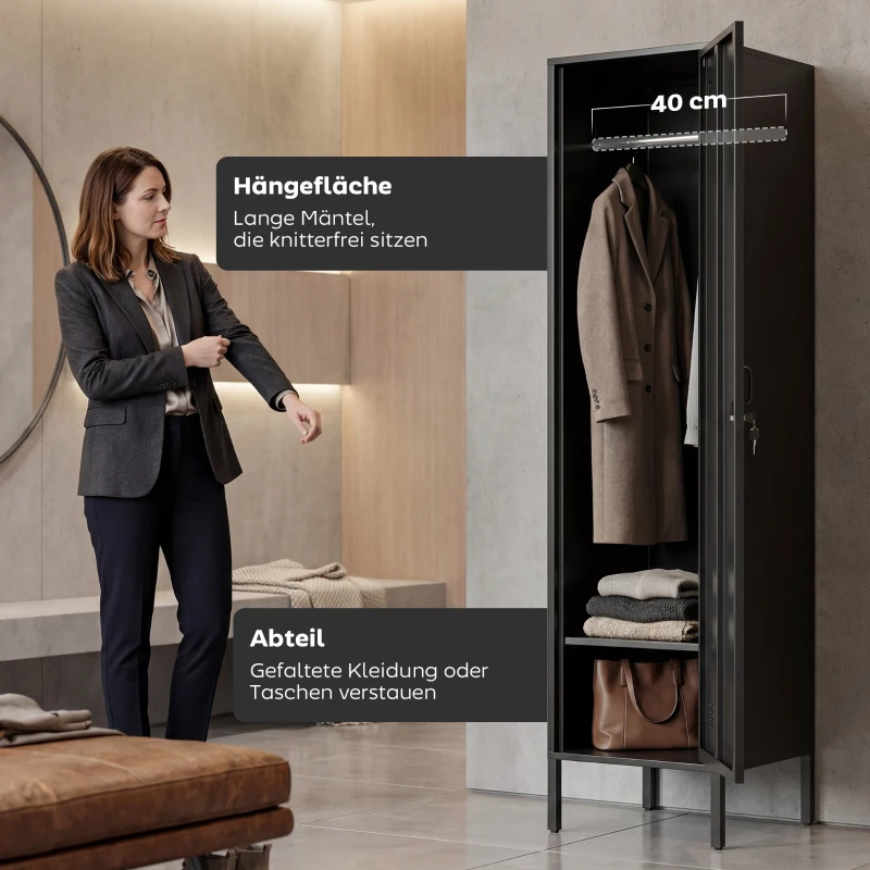 HOMCOM Metalen locker met afsluitbare deur en kledingstang, losse stalen locker voor thuis of kantoor, zwart