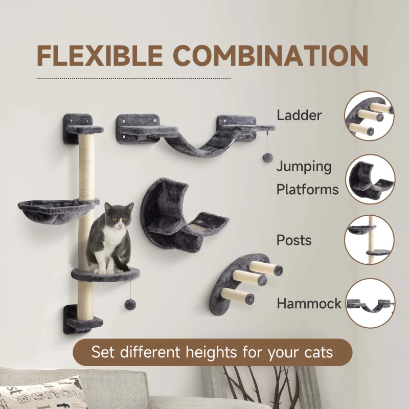 PawHut Four-Piece Cat Wall Furniture, with Hammock, Ladder, Platforms, Steps, for Indoor Use - Dark Grey