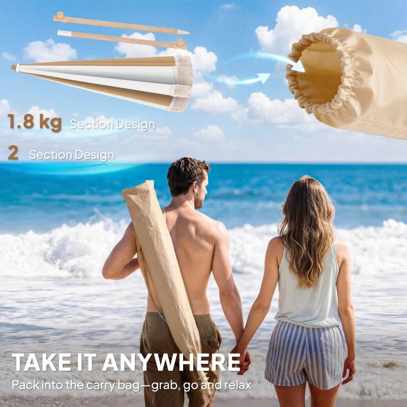 Outsunny Ombrellone da spiaggia con frange e inclinazione 30°, Ø175 cm, Bianco e Beige